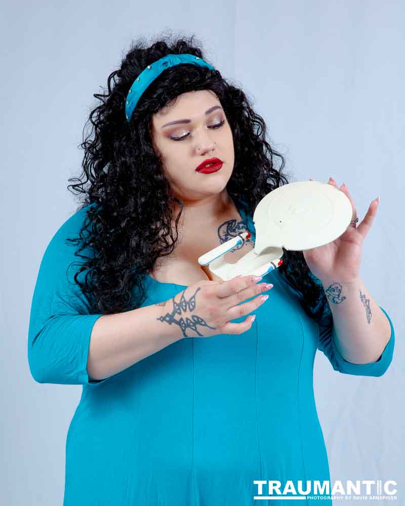 Dorian cosplaying as Deanna Troi from Star trek TNG.